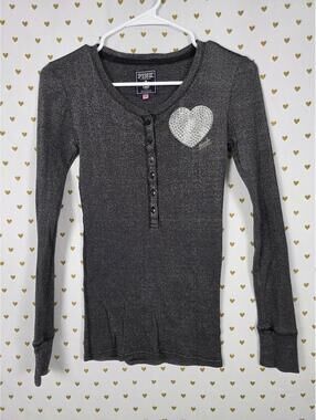 Victorias Secret PINK Vintage SHIMMER Heart BLING HENLEY Long Sleeve Button XS